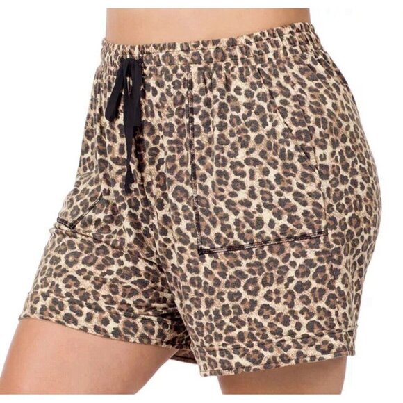 ZENANA Brown Leopard Drawstring Waist Shorts Brushed Microfiber Women’s Size 2X - Picture 2 of 6
